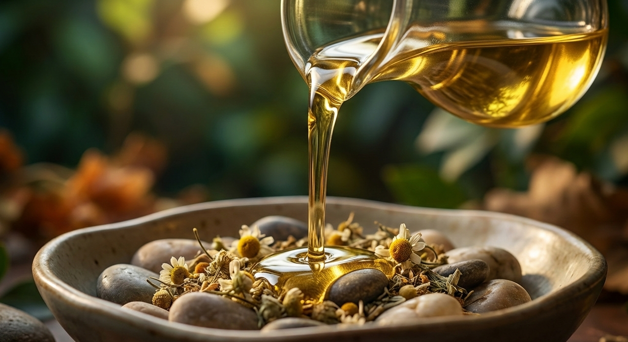 Glass pouring liquid into a bowl with stones and flowers on a natural background